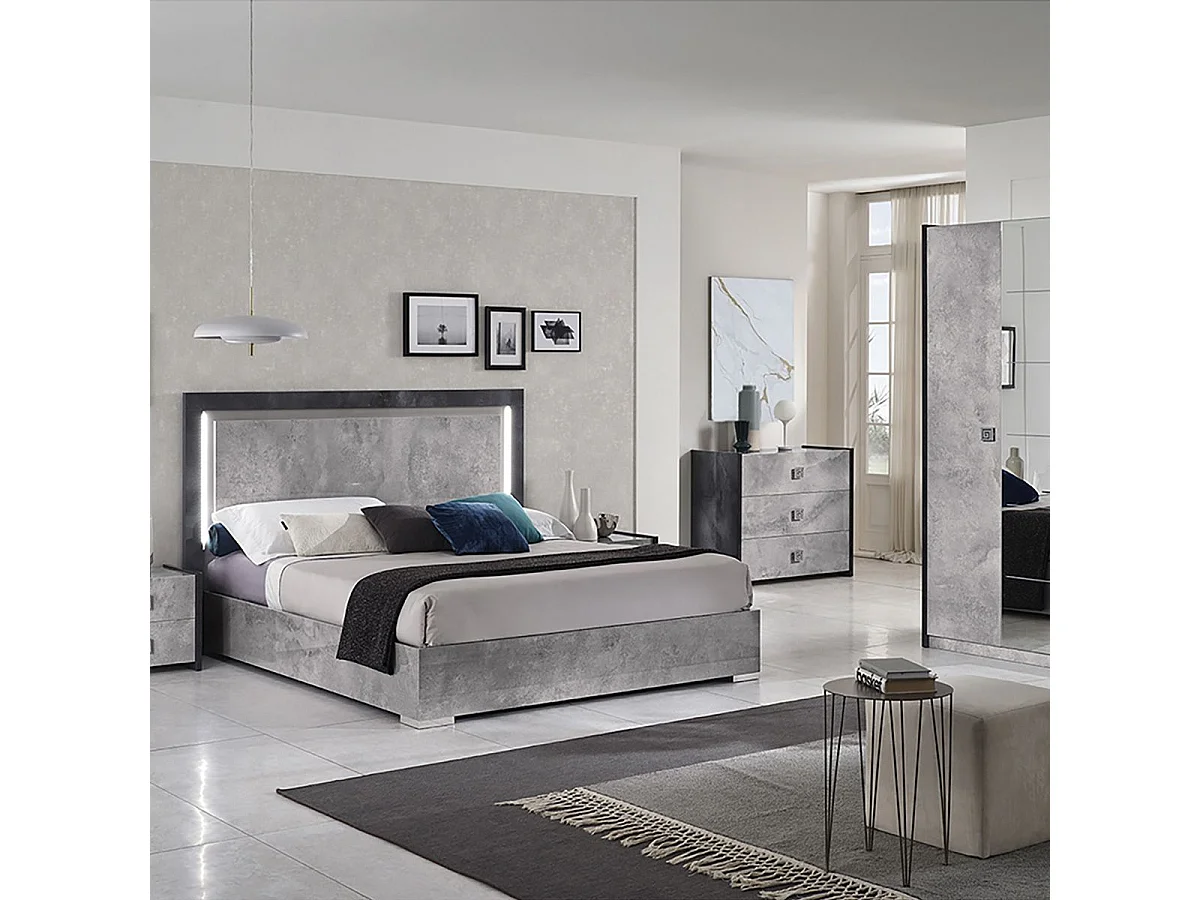 HYDE - Chambre Complète 140x190cm Gris Effet Pierre avec Leds