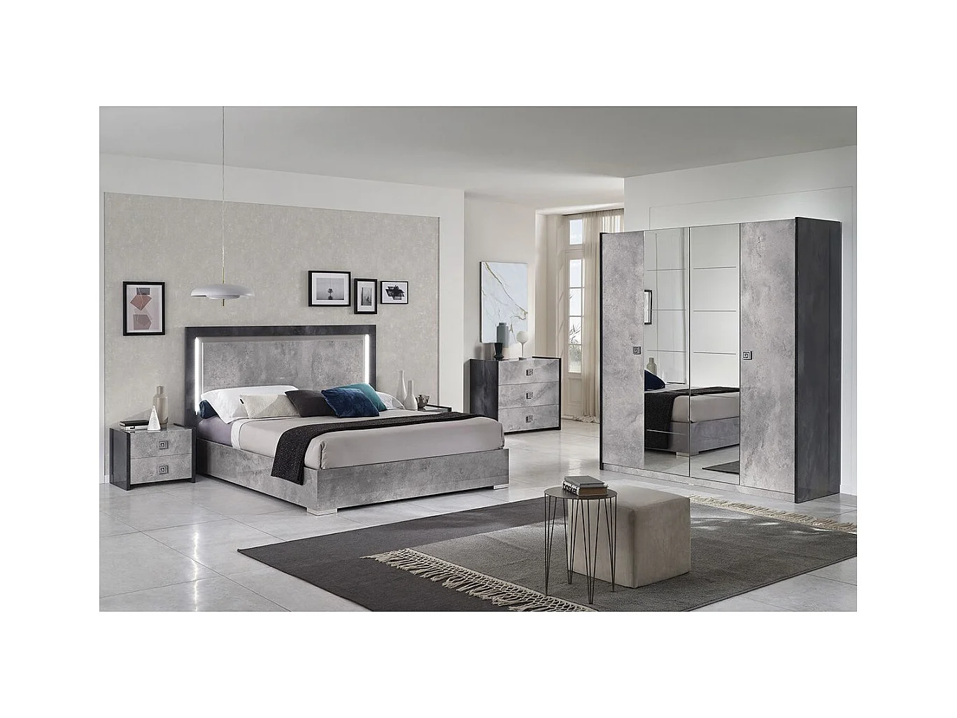 HYDE - Chambre Complète 160x200cm Gris Effet Pierre avec Leds