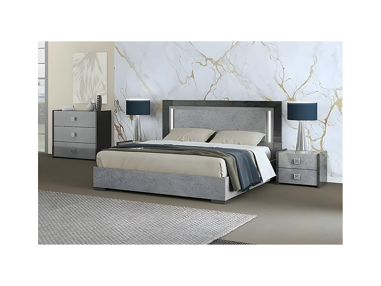 HYDE - Chambre 140x190cm Gris Effet Pierre avec Leds