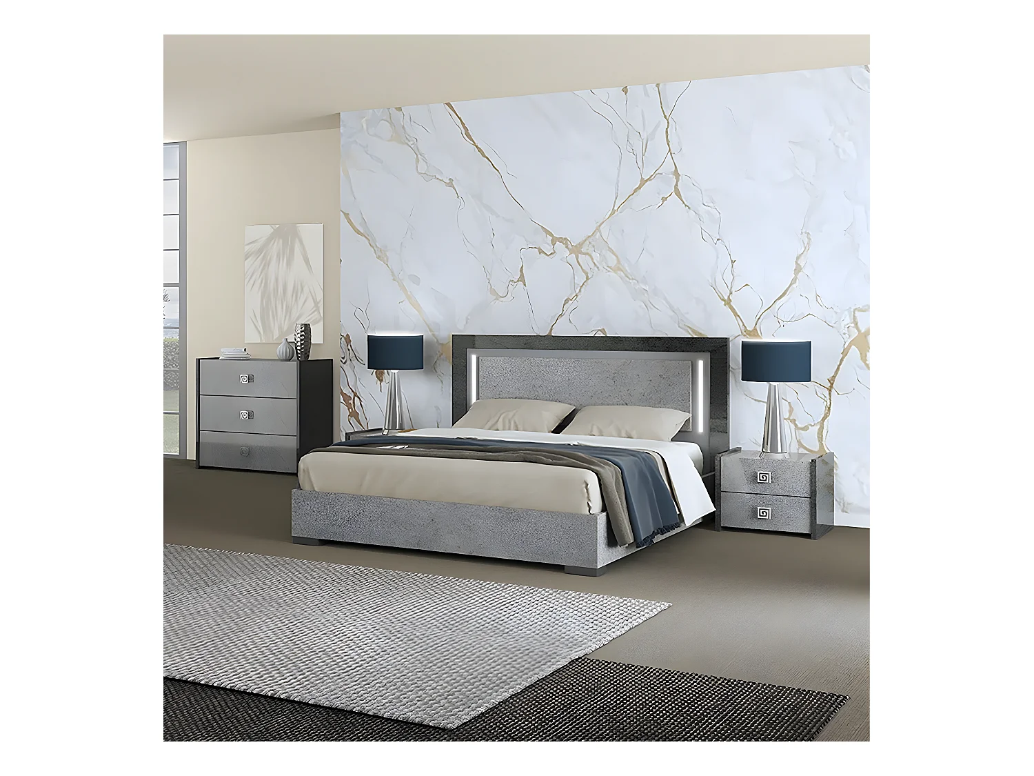 HYDE - Chambre 140x190cm Gris Effet Pierre avec Leds