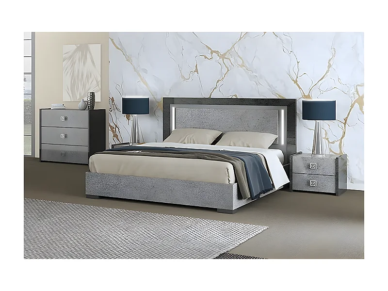 HYDE - Chambre 160x200cm Gris Effet Pierre avec Leds