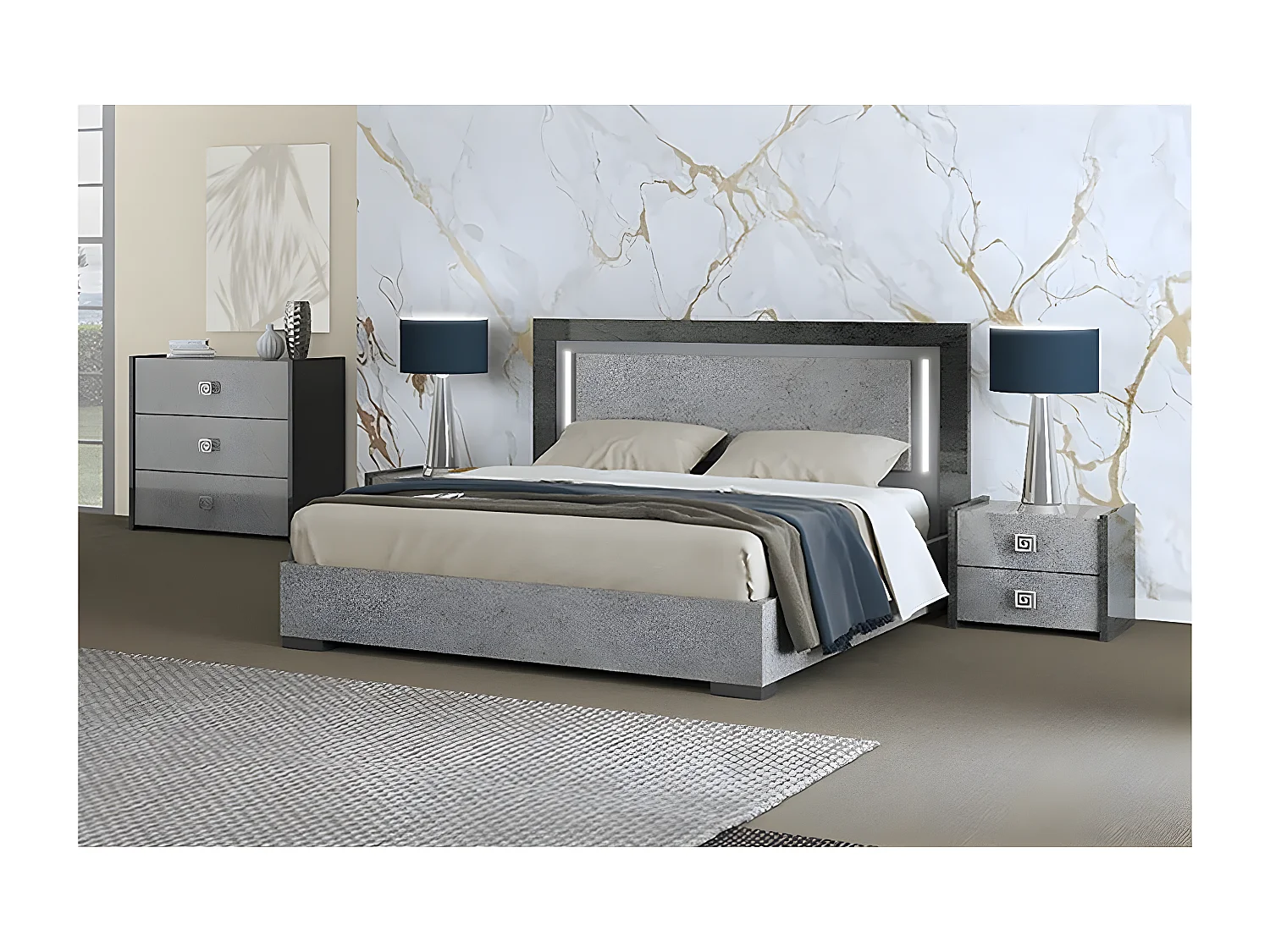 HYDE - Chambre 160x200cm Gris Effet Pierre avec Leds