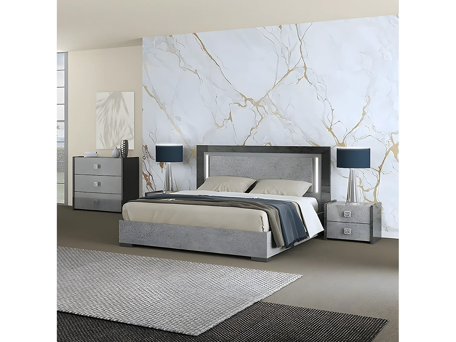 HYDE - Chambre 160x200cm Gris Effet Pierre avec Leds