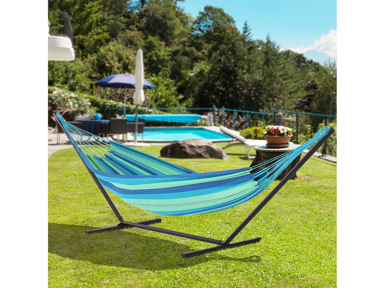 Support pied de hamac structure robuste métal époxy noir dim. 3,60L x 0,92l x 1,15H m