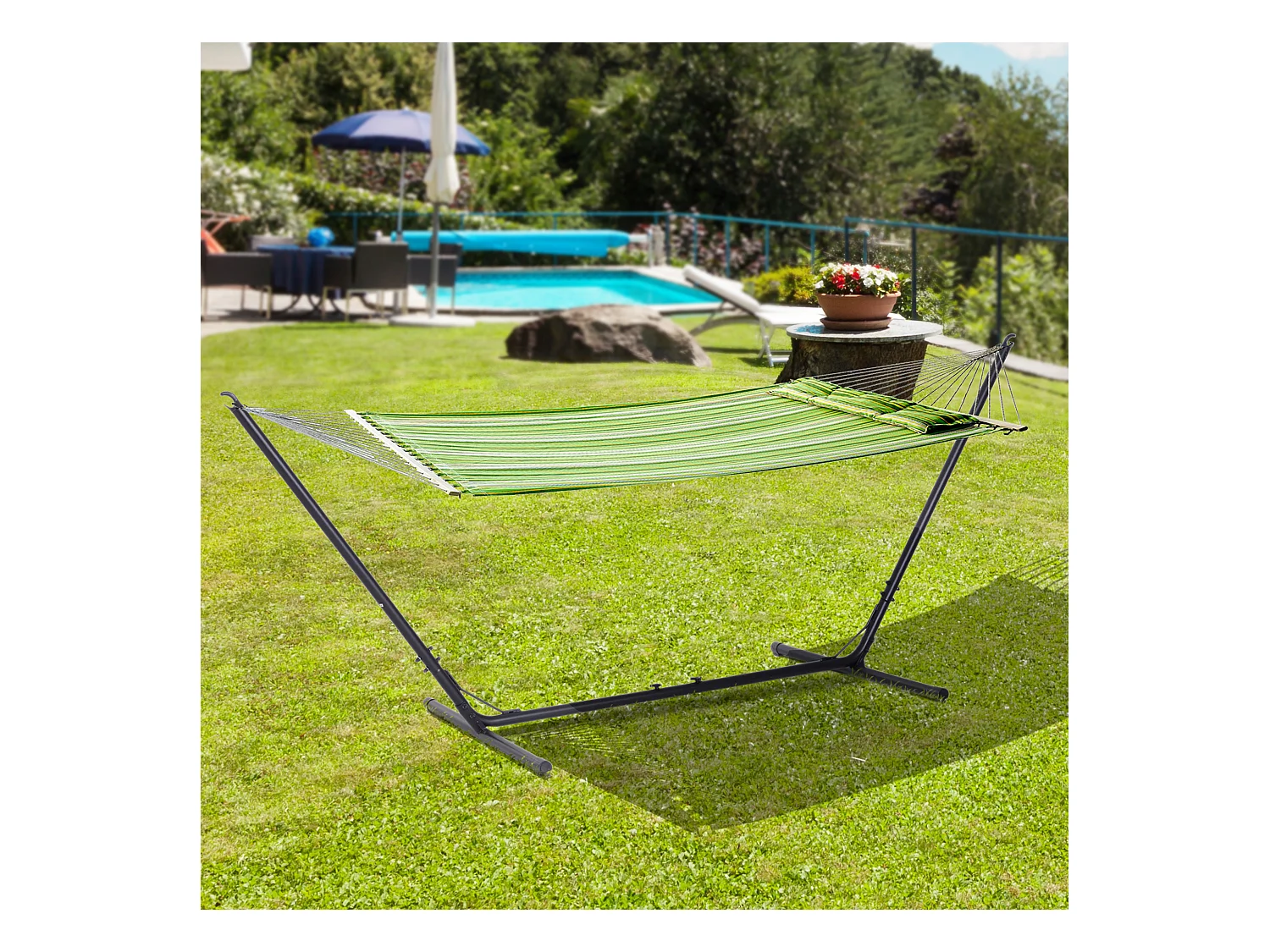 Support pied de hamac réglable structure robuste métal époxy noir dim. 3,08-3,80L x 1,08l x 1,20H m