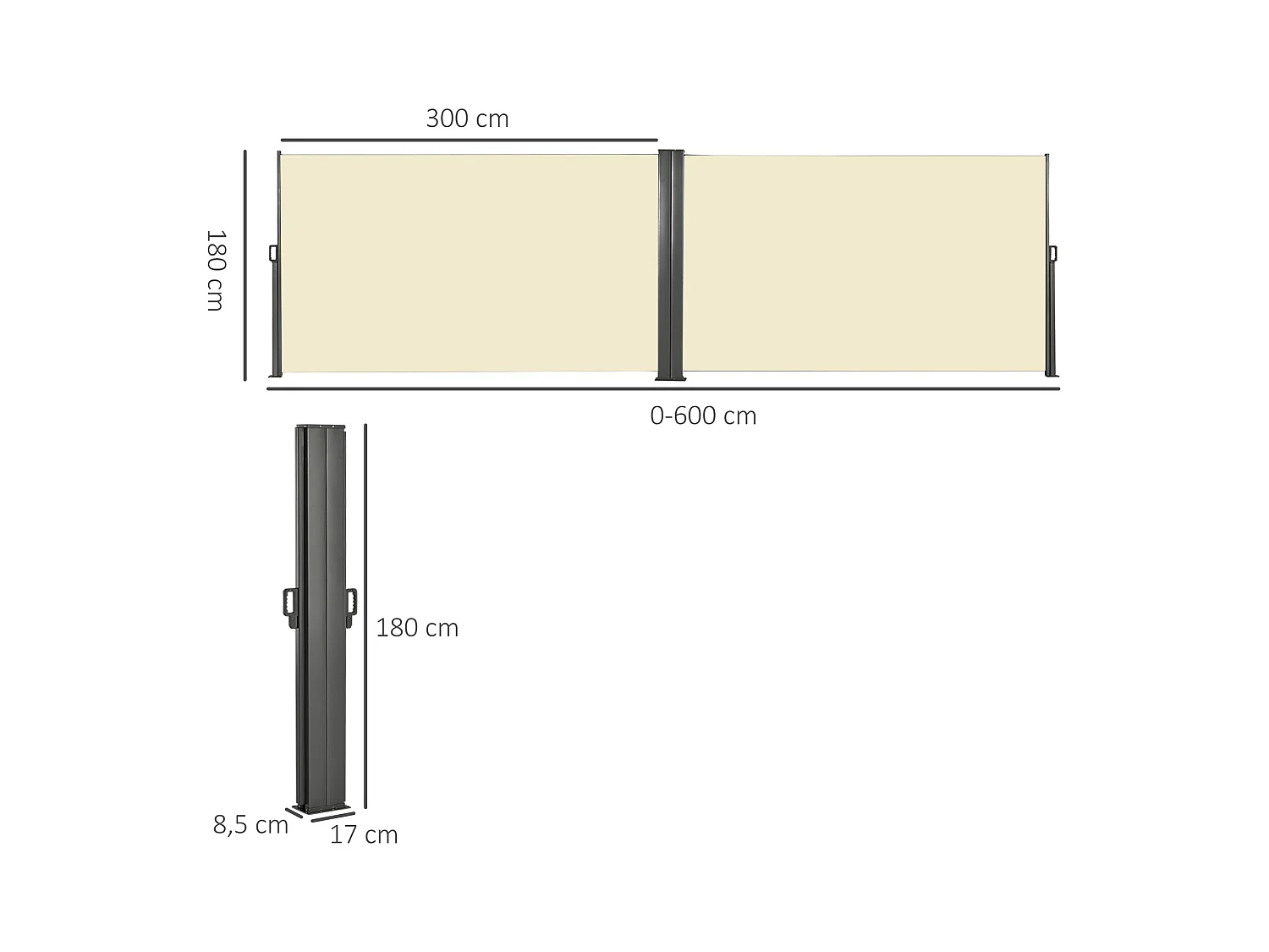 Double store latéral brise-vue paravent rétractable dim. 6L x 1,60H m polyester anti-UV haute densité crème