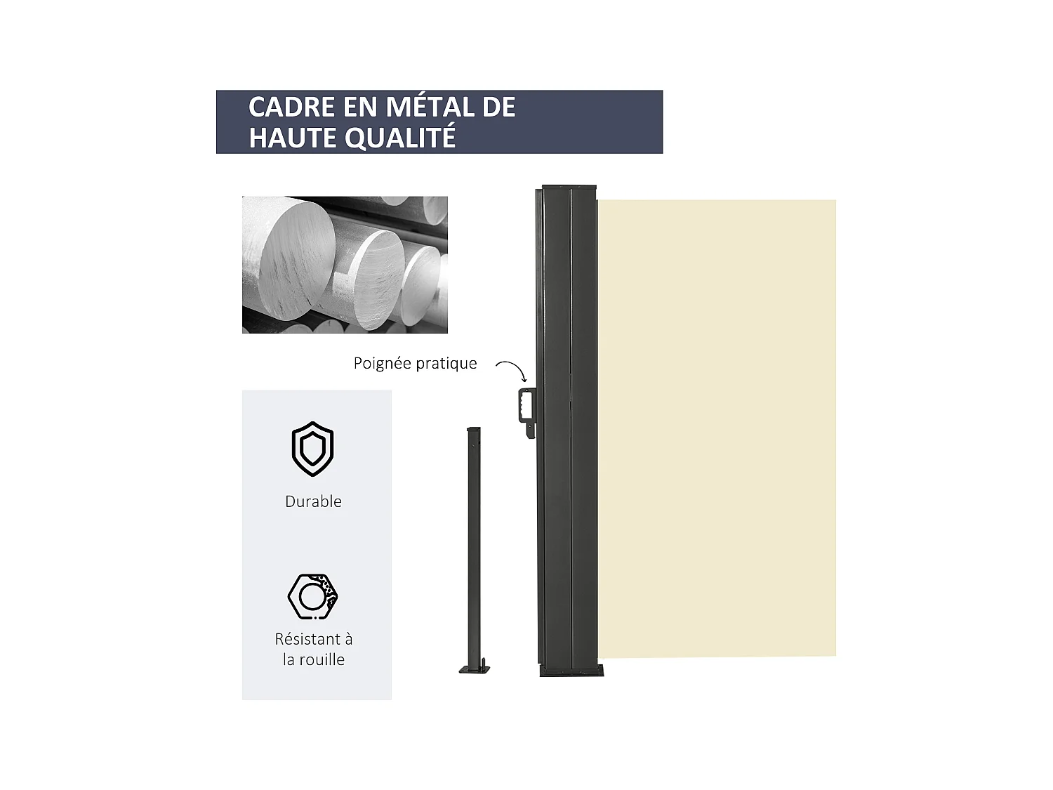 Double store latéral brise-vue paravent rétractable dim. 6L x 1,60H m polyester anti-UV haute densité crème