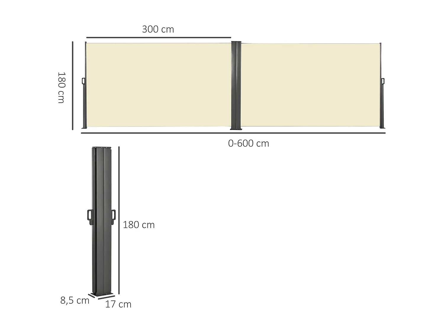 Double store latéral brise-vue paravent rétractable dim. 6L x 1,60H m polyester anti-UV haute densité crème