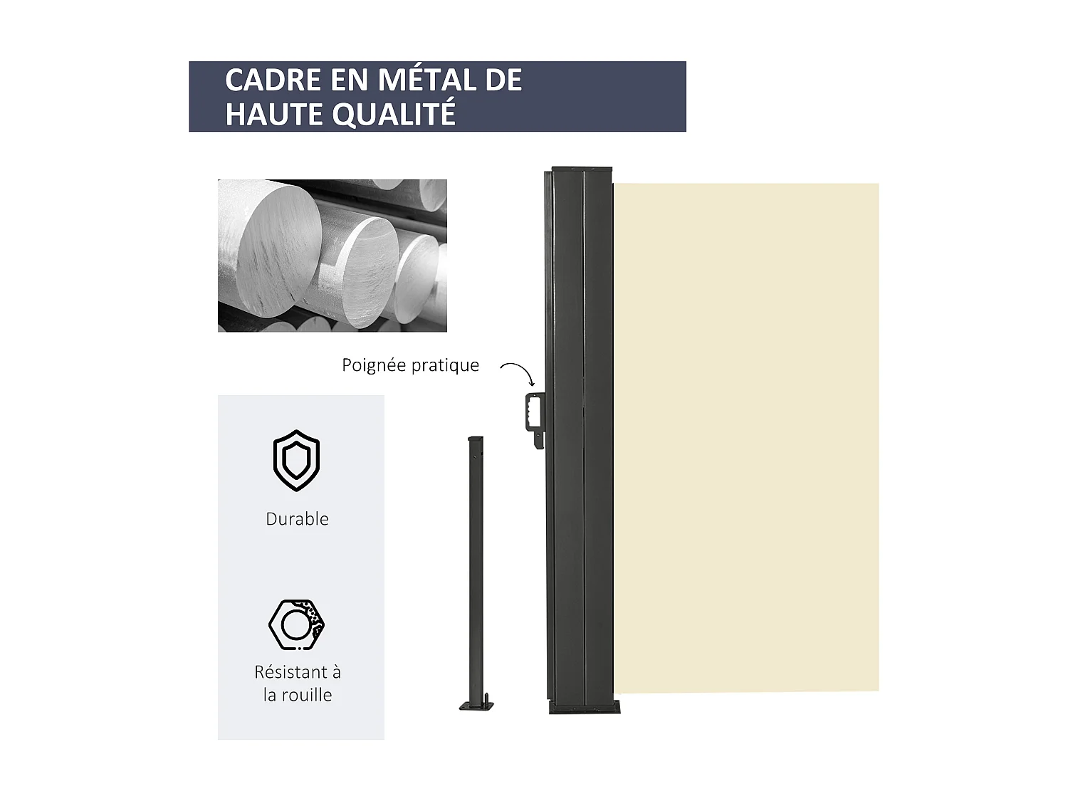 Double store latéral brise-vue paravent rétractable dim. 6L x 1,60H m polyester anti-UV haute densité crème