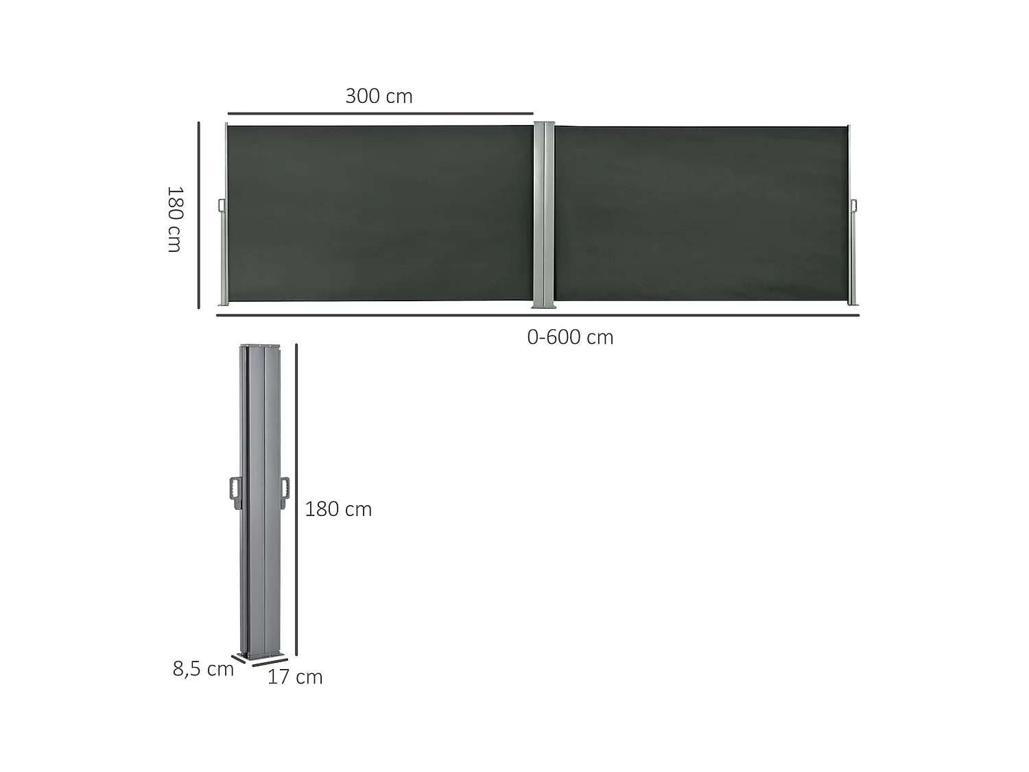 Double store latéral brise-vue paravent rétractable dim. 6L x 1,60H m polyester anti-UV haute densité gris