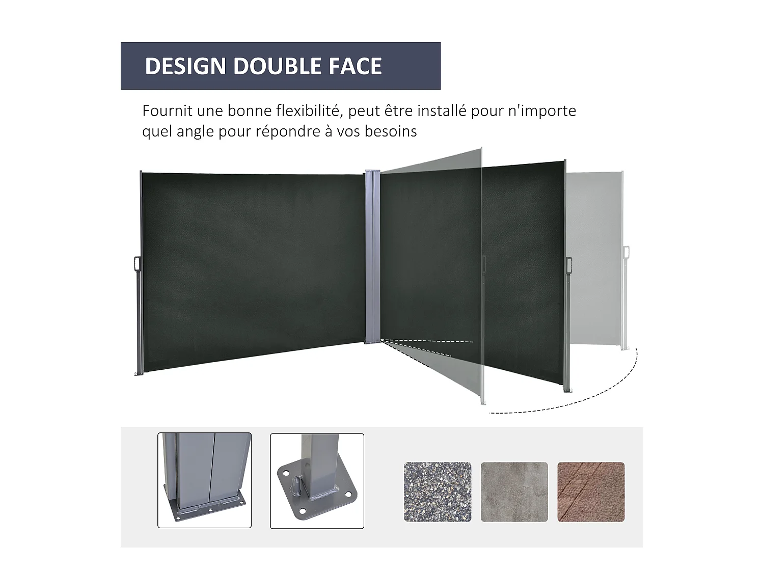 Double store latéral brise-vue paravent rétractable dim. 6L x 1,60H m polyester anti-UV haute densité gris