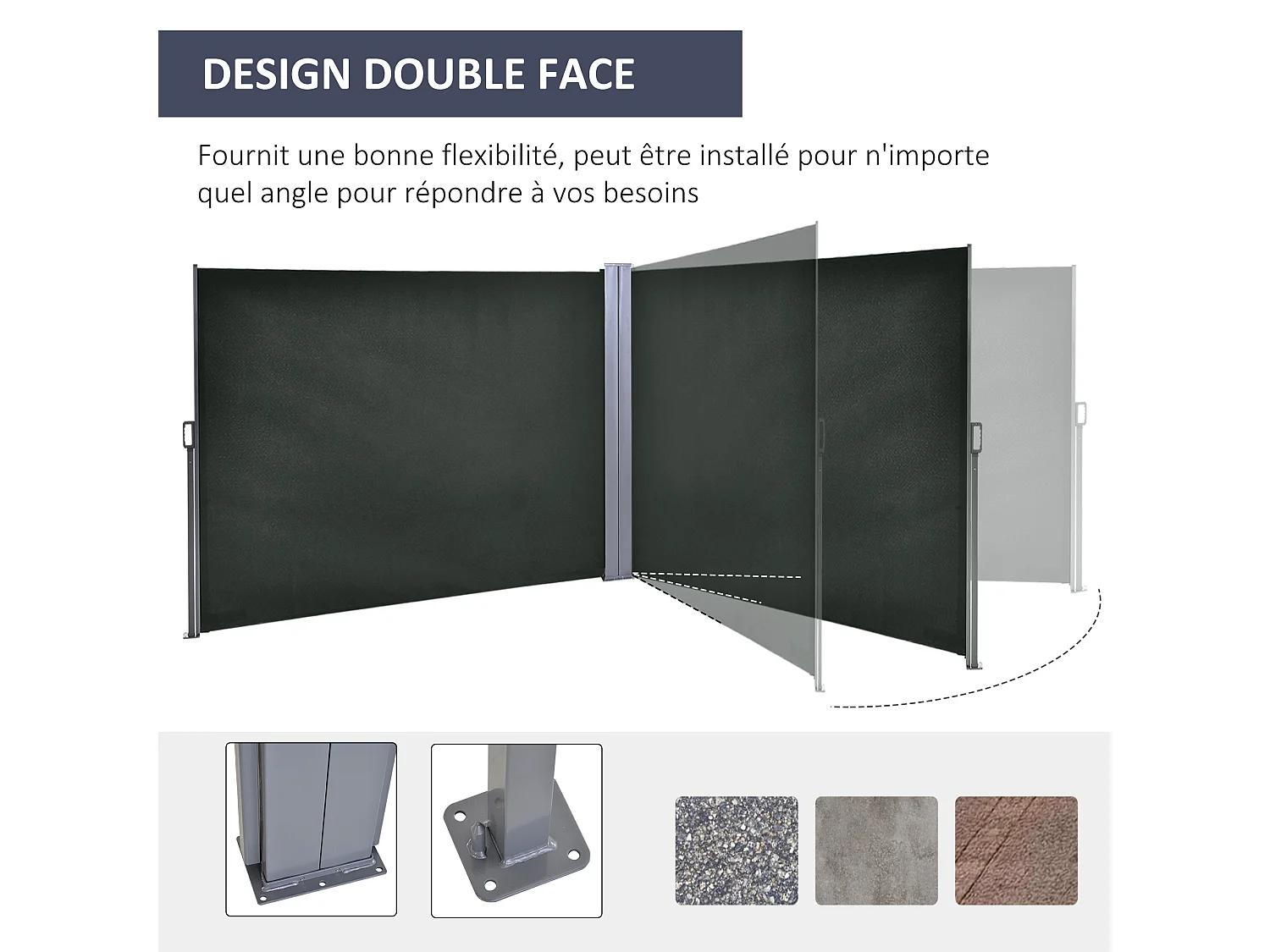 Double store latéral brise-vue paravent rétractable dim. 6L x 1,60H m polyester anti-UV haute densité gris