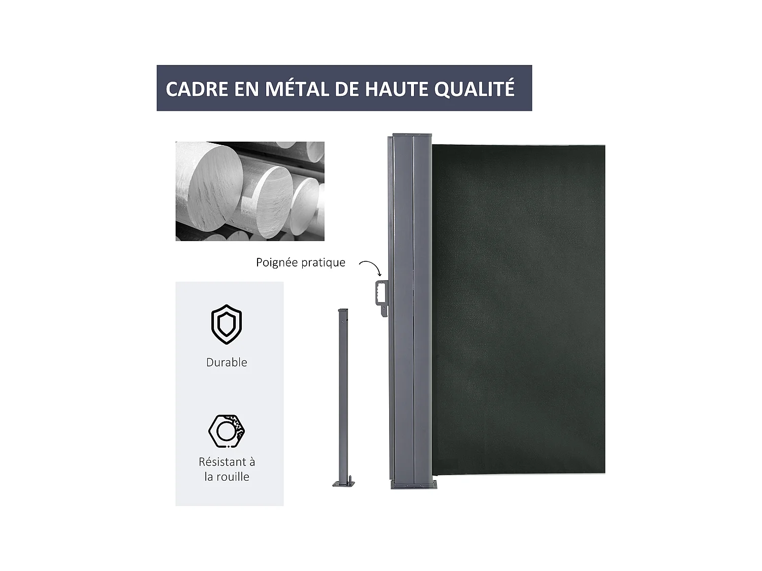 Double store latéral brise-vue paravent rétractable dim. 6L x 1,60H m polyester anti-UV haute densité gris