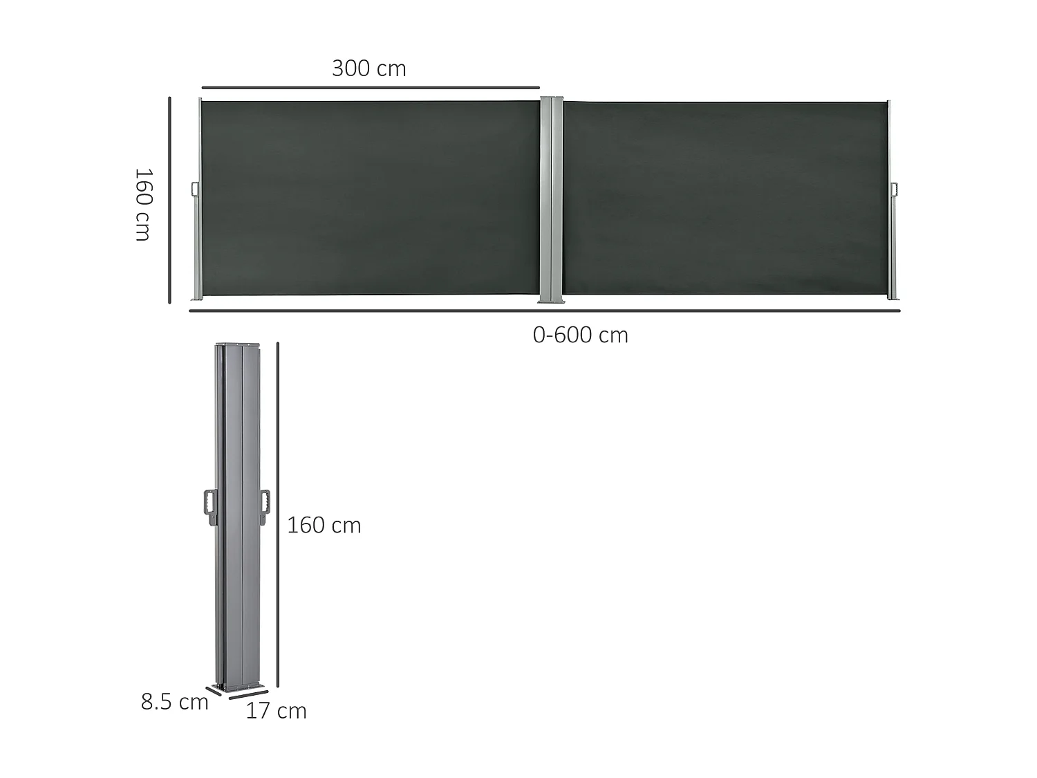 Double store latéral brise-vue paravent rétractable dim. 6L x 1,60H m polyester anti-UV haute densité gris