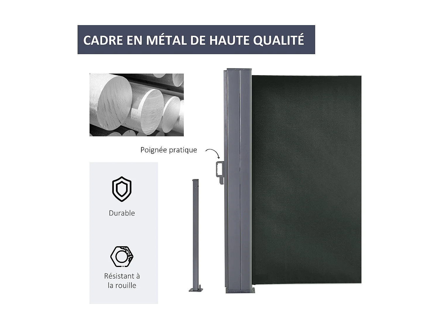 Double store latéral brise-vue paravent rétractable dim. 6L x 1,60H m polyester anti-UV haute densité gris