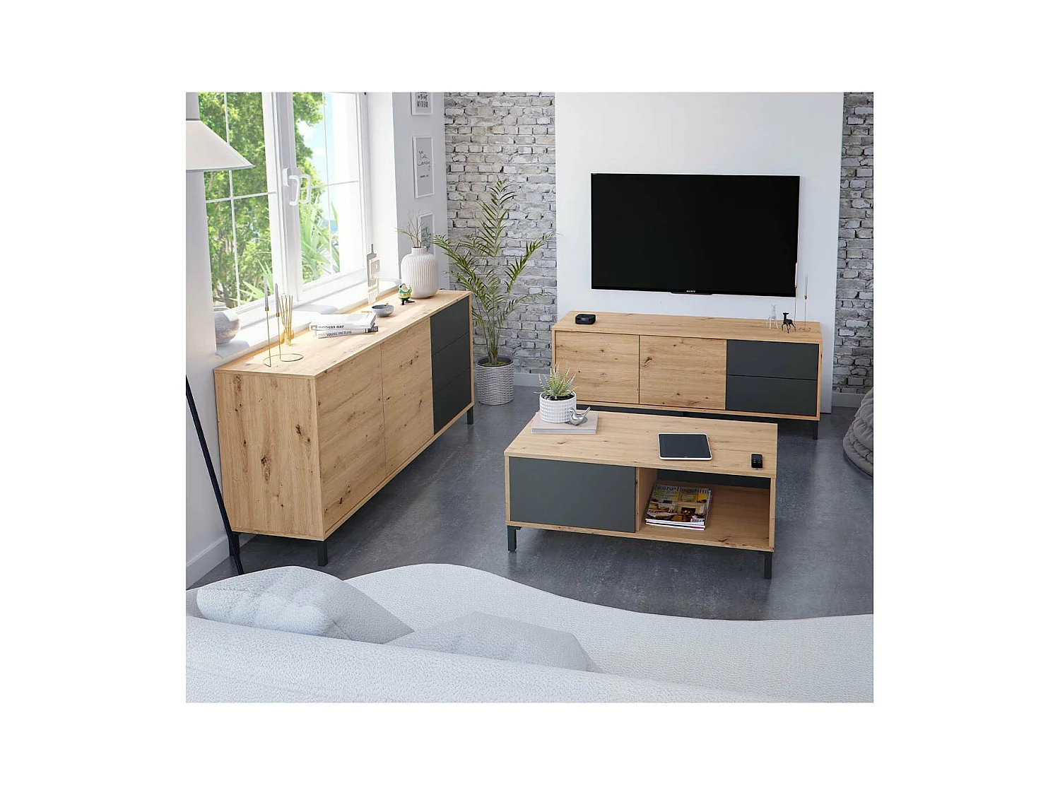 Mesa de centro fixa Brooklyn em carvalho Nodi e cinza antracite estilo industrial