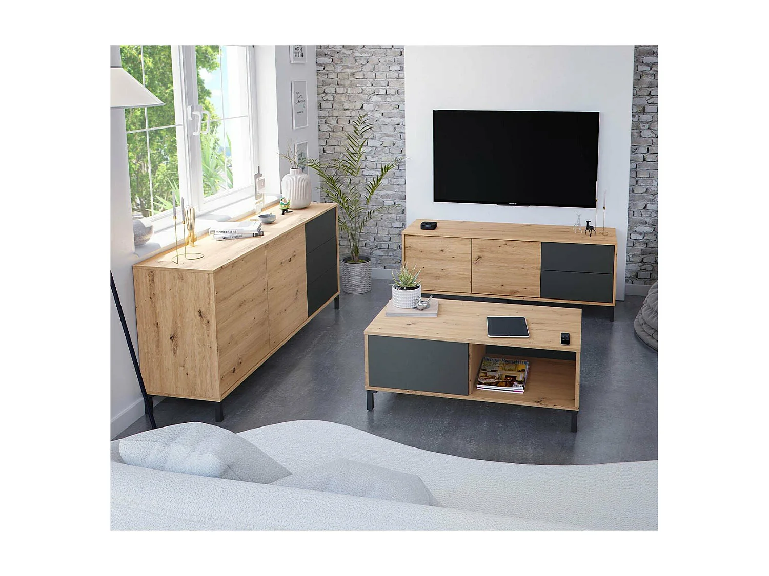 Table basse avec 2 niches de rangement Brooklyn - L100 cm