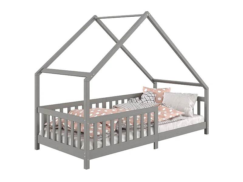 Lit cabane CORA lit enfant simple montessori asymétrique en bois 90 x 190 cm en pin massif lasuré gris