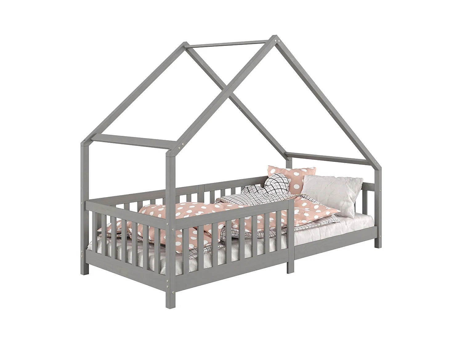Lit cabane CORA lit enfant simple montessori asymétrique en bois 90 x 190 cm en pin massif lasuré gris