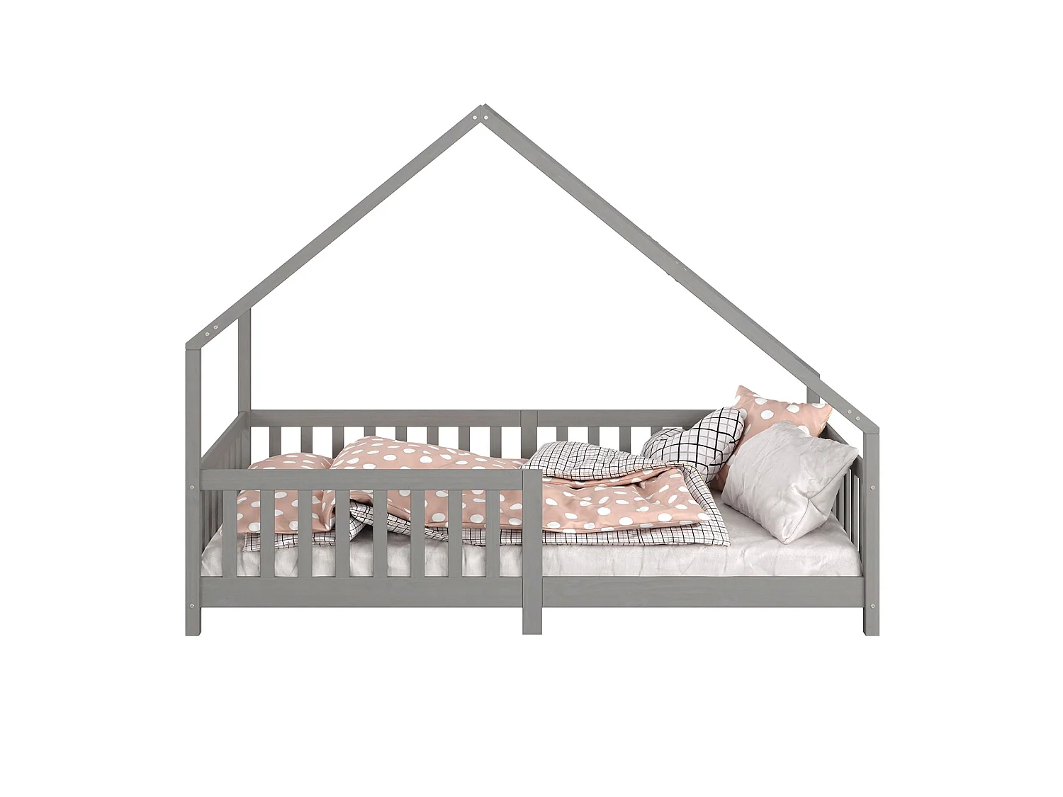Lit cabane CORA lit enfant simple montessori asymétrique en bois 90 x 190 cm en pin massif lasuré gris