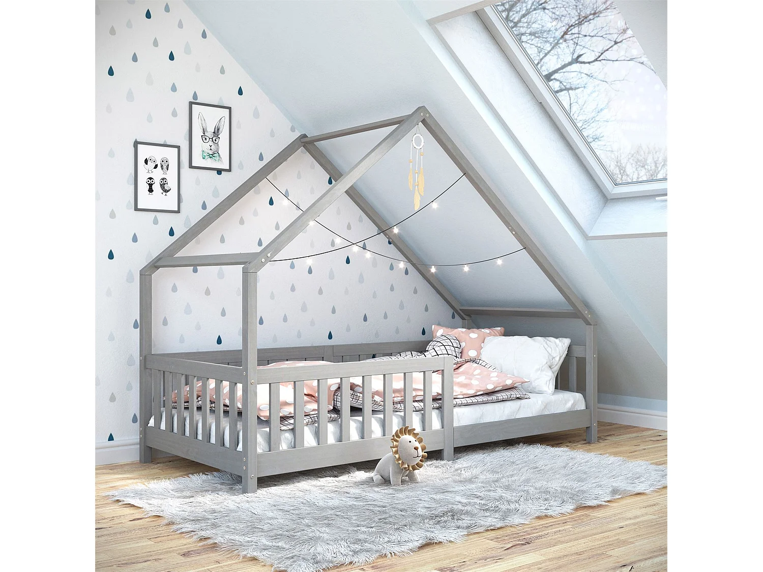 Lit cabane CORA lit enfant simple montessori asymétrique en bois 90 x 190 cm en pin massif lasuré gris