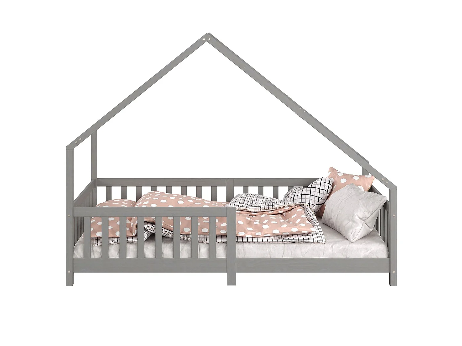 Lit cabane CORA lit enfant simple montessori asymétrique en bois 90 x 190 cm en pin massif lasuré gris