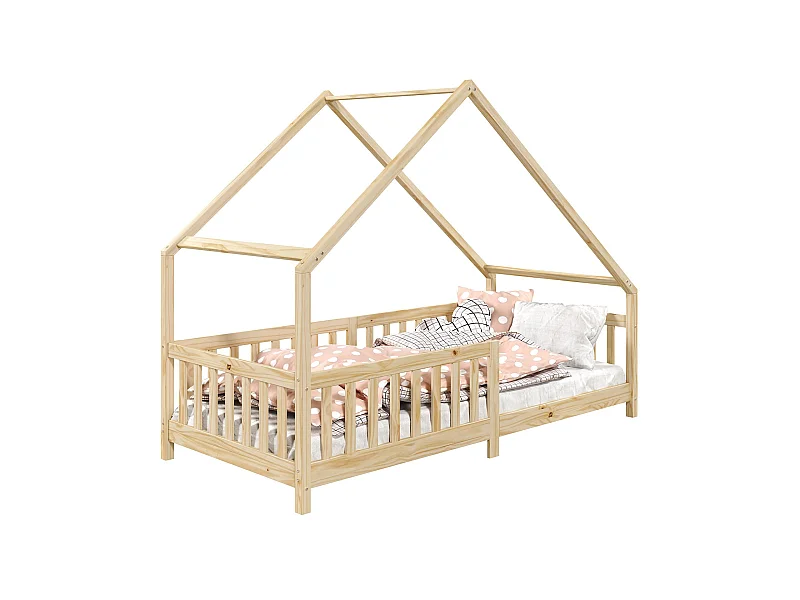Lit cabane CORA lit enfant simple montessori asymétrique en bois 90 x 190 cm en pin massif à la finition naturelle