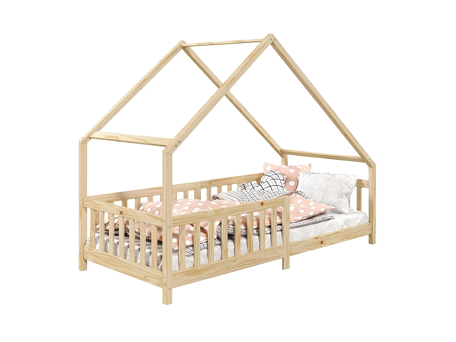 Lit cabane CORA lit enfant simple montessori asymétrique en bois 90 x 190 cm en pin massif à la finition naturelle