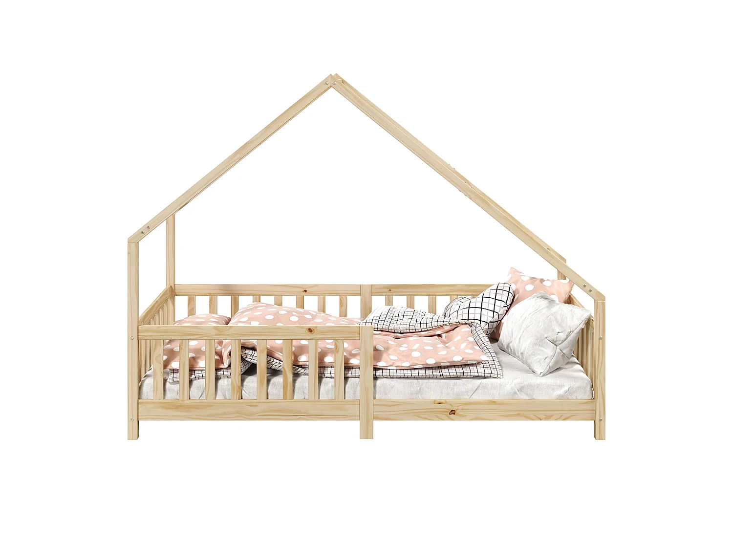 Lit cabane CORA lit enfant simple montessori asymétrique en bois 90 x 190 cm en pin massif à la finition naturelle