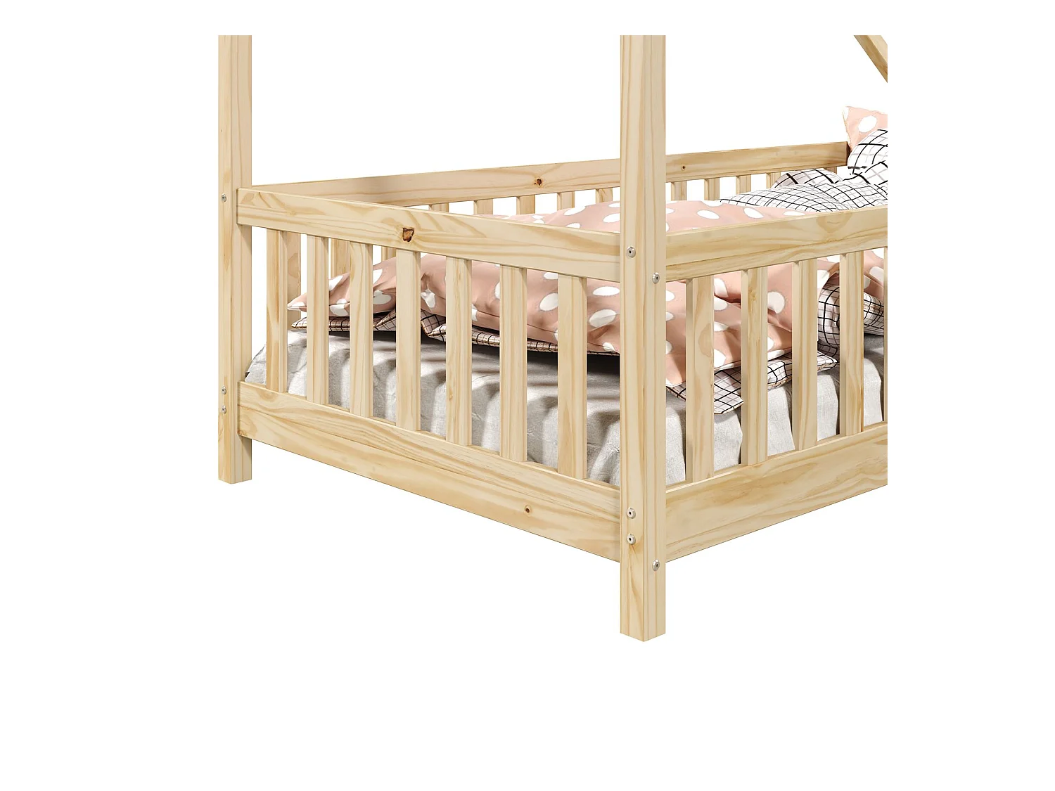 Lit cabane CORA lit enfant simple montessori asymétrique en bois 90 x 190 cm en pin massif à la finition naturelle