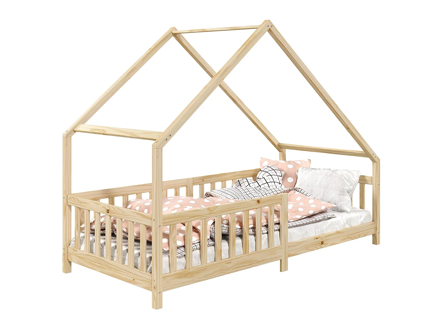 Lit cabane CORA lit enfant simple montessori asymétrique en bois 90 x 190 cm en pin massif à la finition naturelle