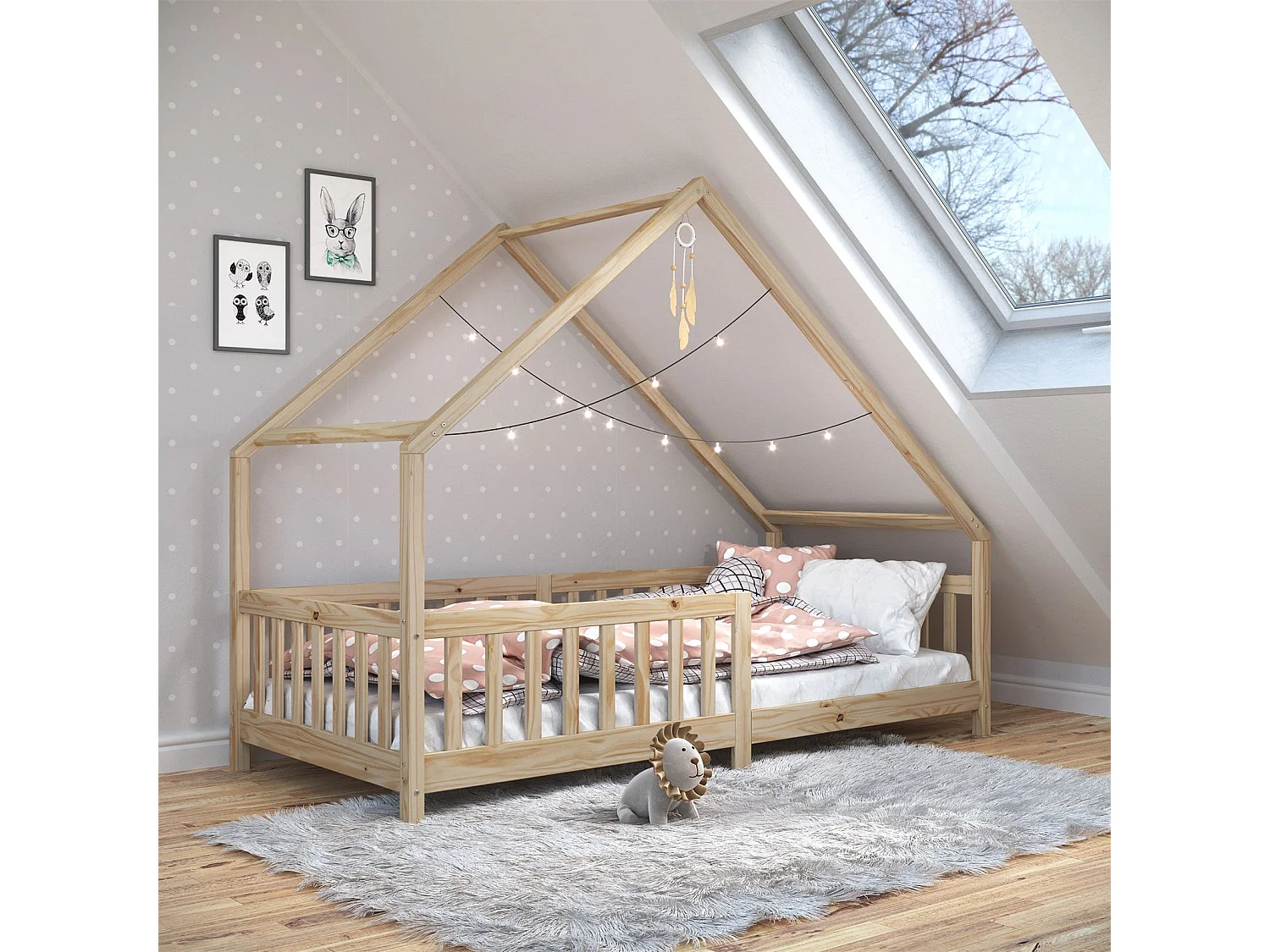 Lit cabane CORA lit enfant simple montessori asymétrique en bois 90 x 190 cm en pin massif à la finition naturelle