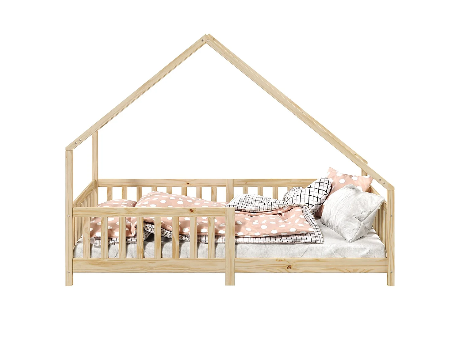 Lit cabane CORA lit enfant simple montessori asymétrique en bois 90 x 190 cm en pin massif à la finition naturelle