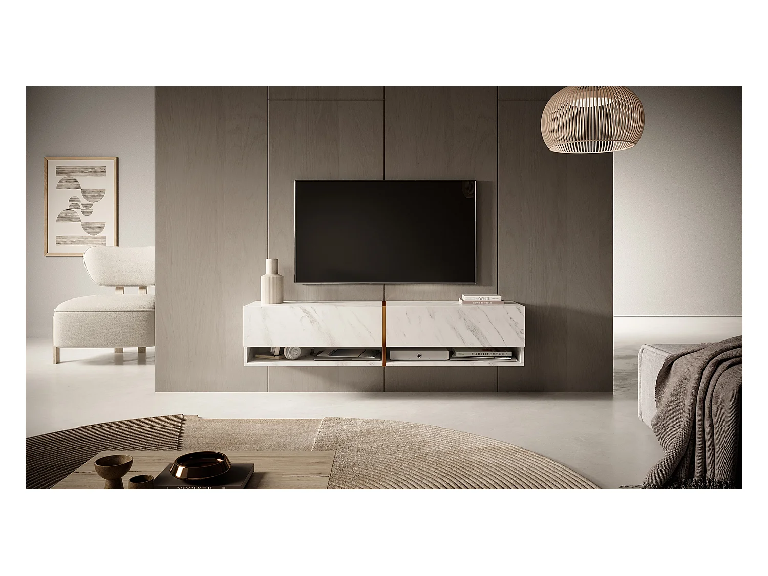 Mobile TV - 140 cm - pannelo laminato - colore: marmo bianco + striscia dorata - Mirrgo