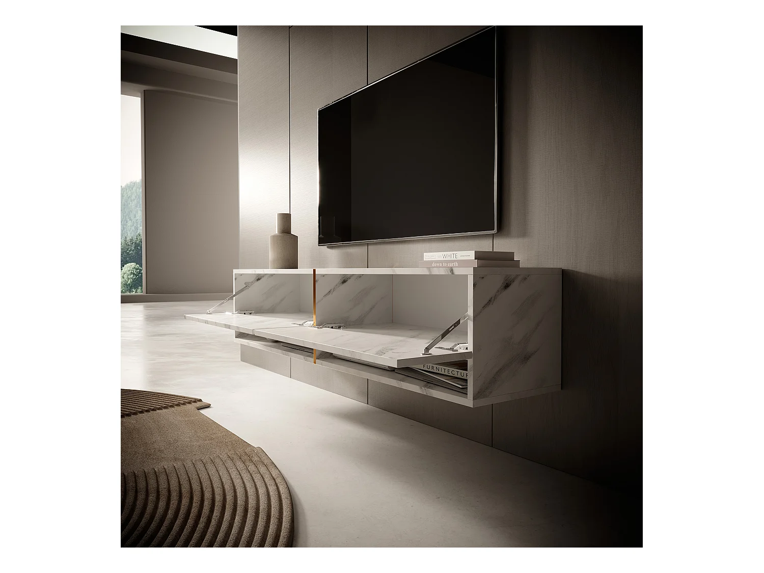 Mobile TV - 140 cm - pannelo laminato - colore: marmo bianco + striscia dorata - Mirrgo