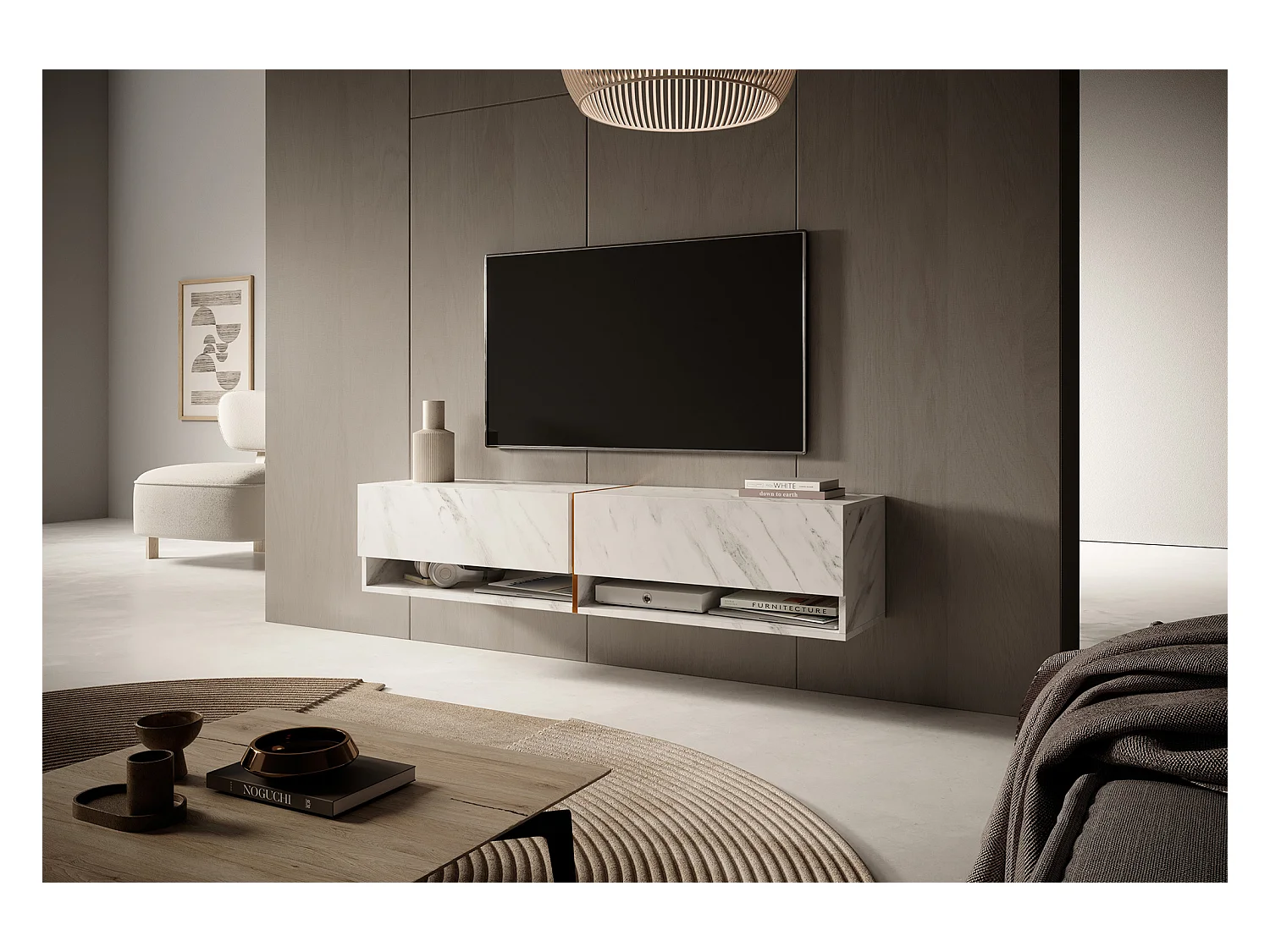 Mueble TV / Mueble de salón - mármol blanco con incrustaciones de oro - 140 cm - Mirrgo