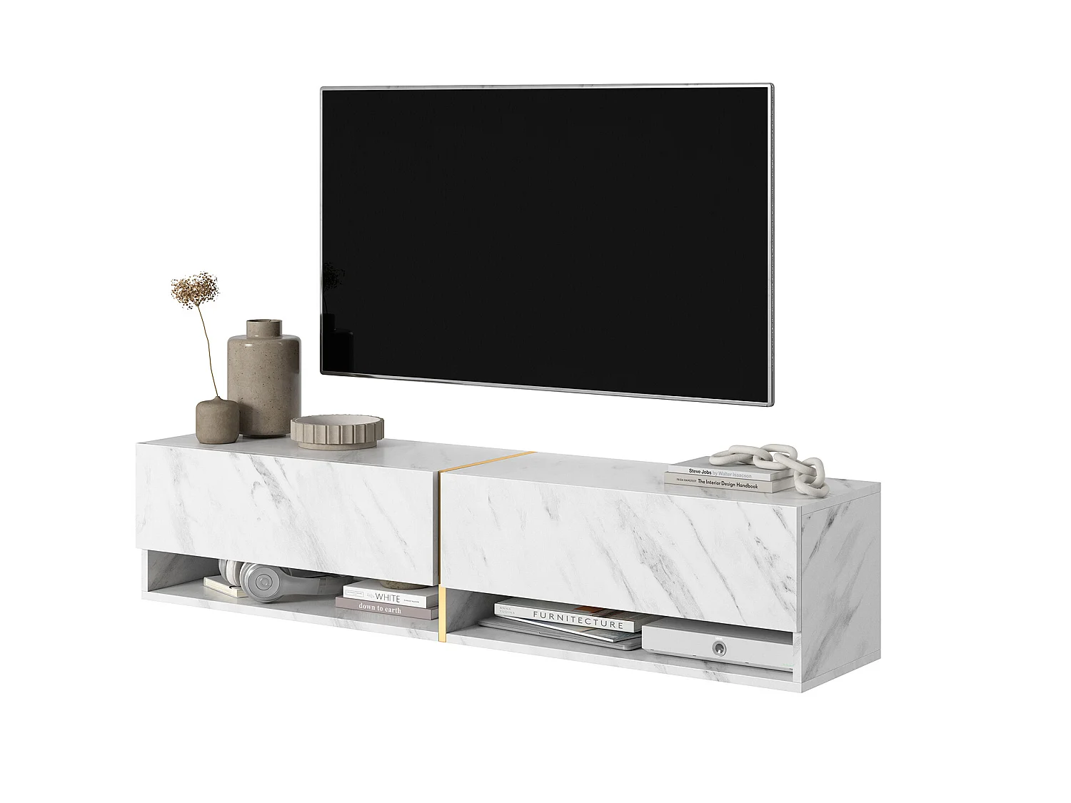 Mueble TV / Mueble de salón - mármol blanco con incrustaciones de oro - 140 cm - Mirrgo