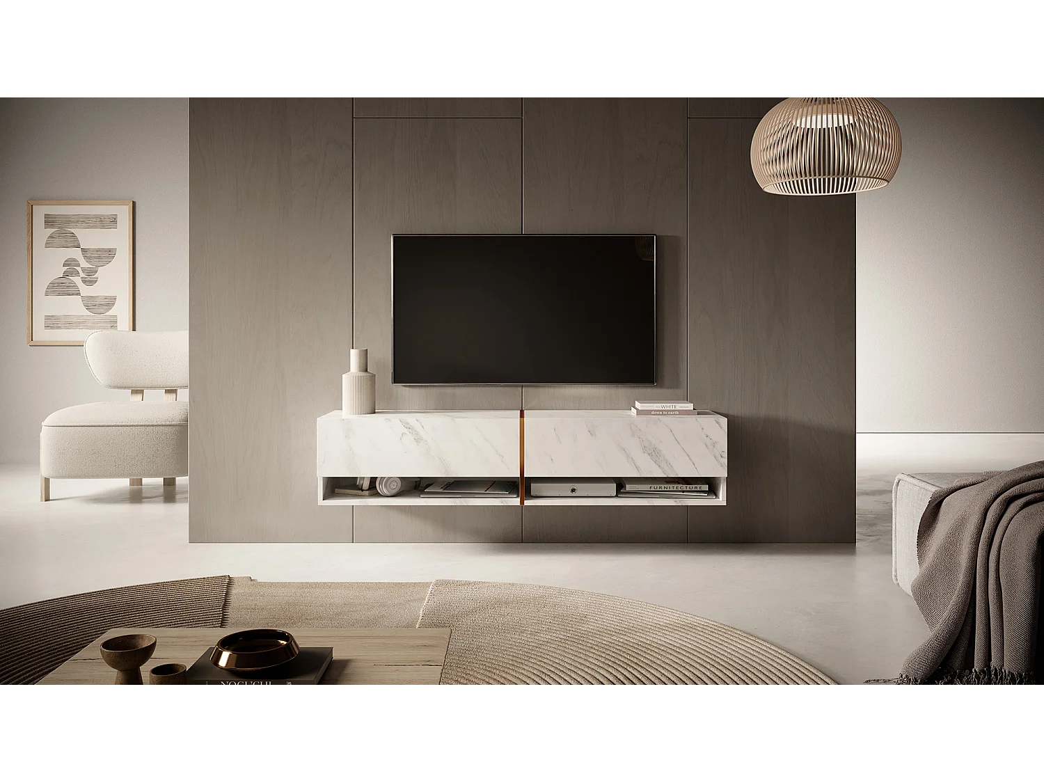 Meuble tv 140 cm -marbre blanc avec insert d'or - MIRRGO