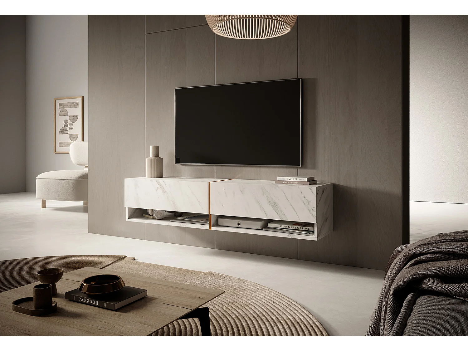 Meuble tv 140 cm -marbre blanc avec insert d'or - MIRRGO