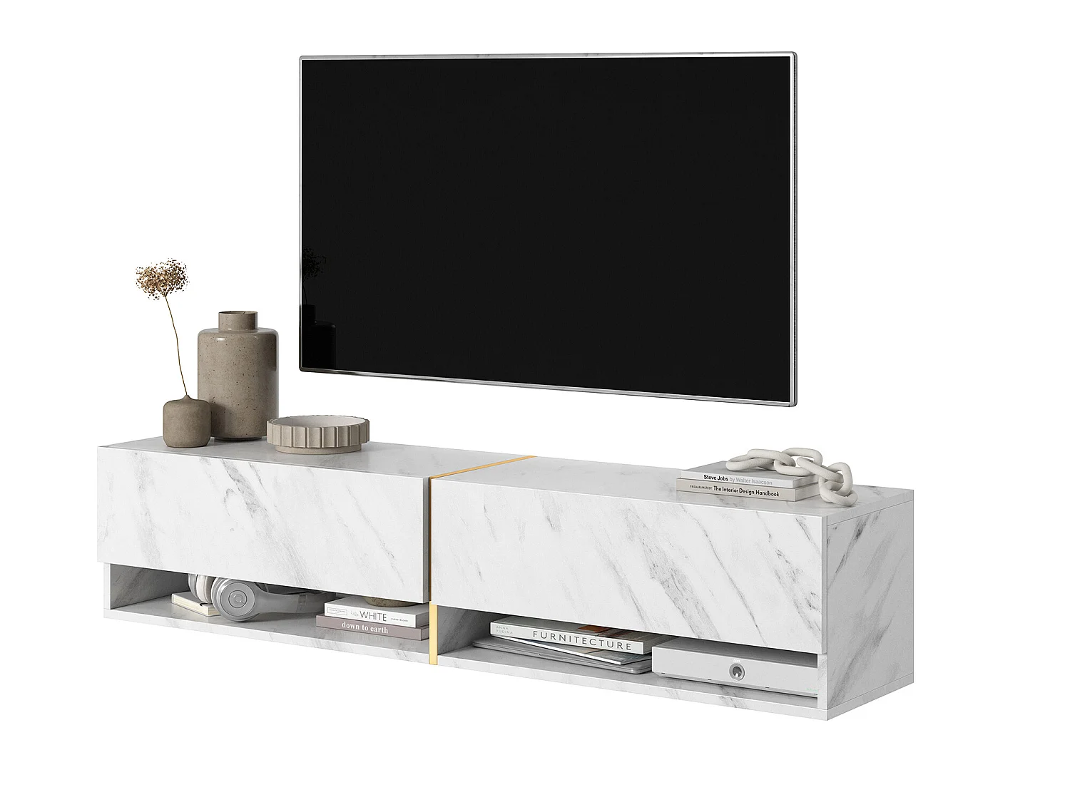 Meuble tv 140 cm -marbre blanc avec insert d'or - MIRRGO
