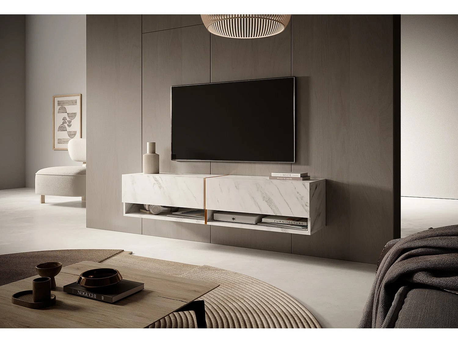 Mobile TV - 140 cm - pannelo laminato - colore: marmo bianco + striscia dorata - Mirrgo