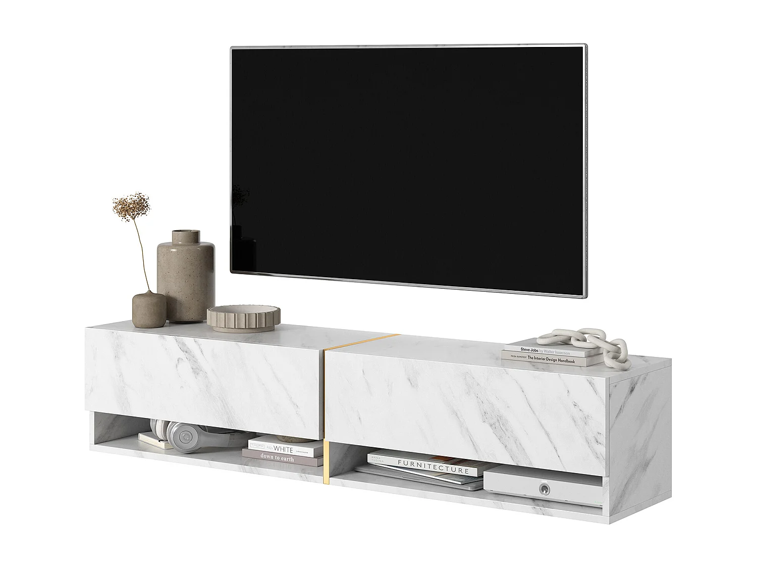 Mobile TV - 140 cm - pannelo laminato - colore: marmo bianco + striscia dorata - Mirrgo