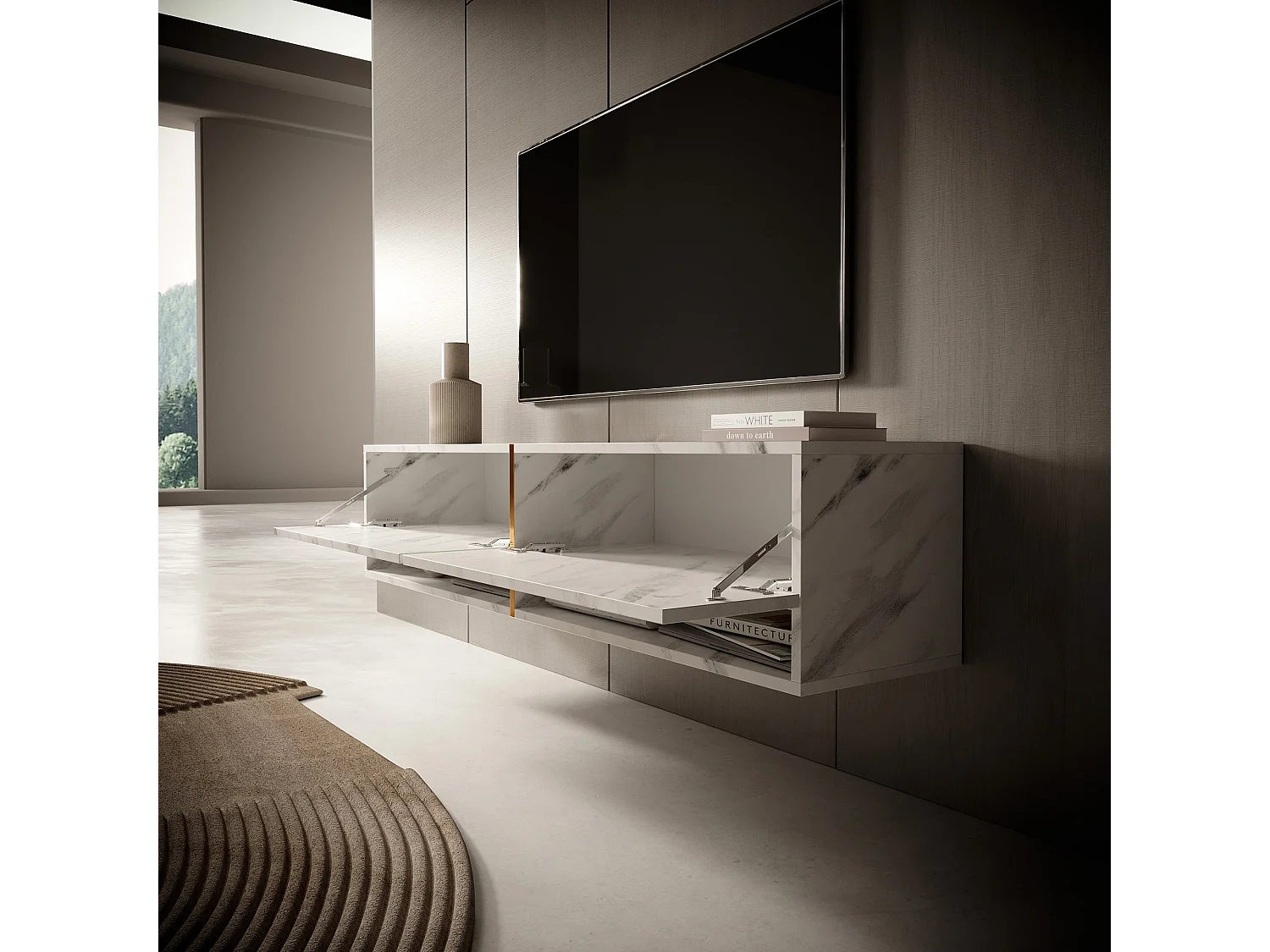 Mobile TV - 140 cm - pannelo laminato - colore: marmo bianco + striscia dorata - Mirrgo