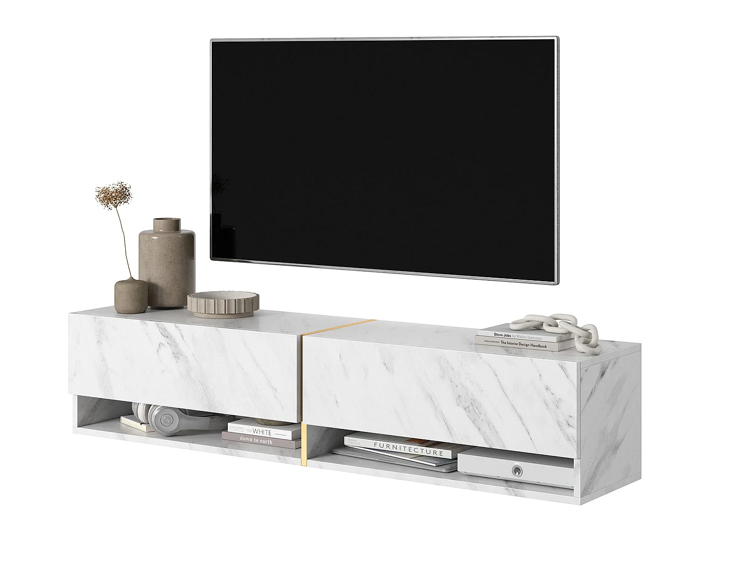 Mobile TV - 140 cm - pannelo laminato - colore: marmo bianco + striscia dorata - Mirrgo