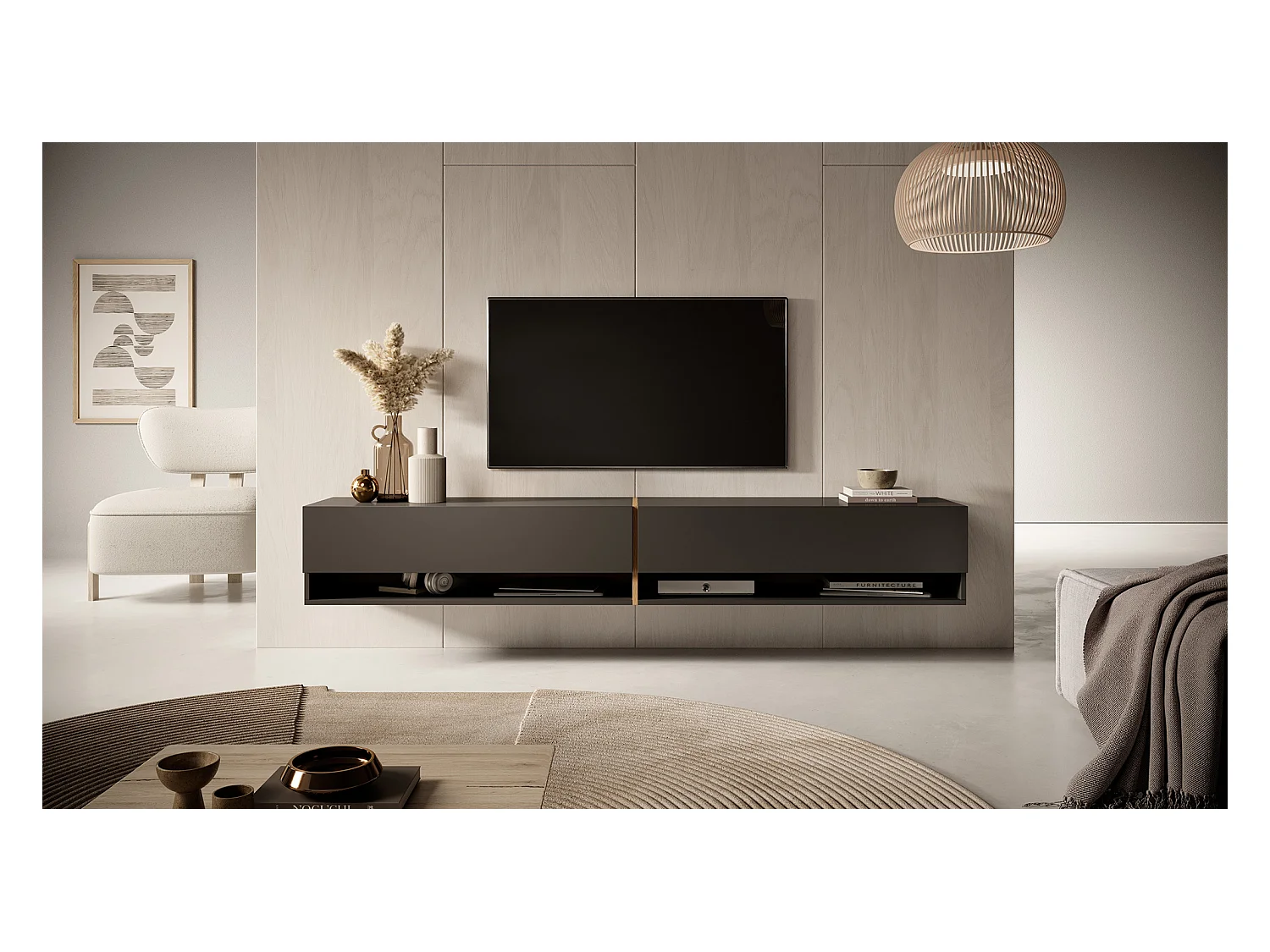 Meuble tv 200 cm -graphite avec insert chêne artisan - MIRRGO