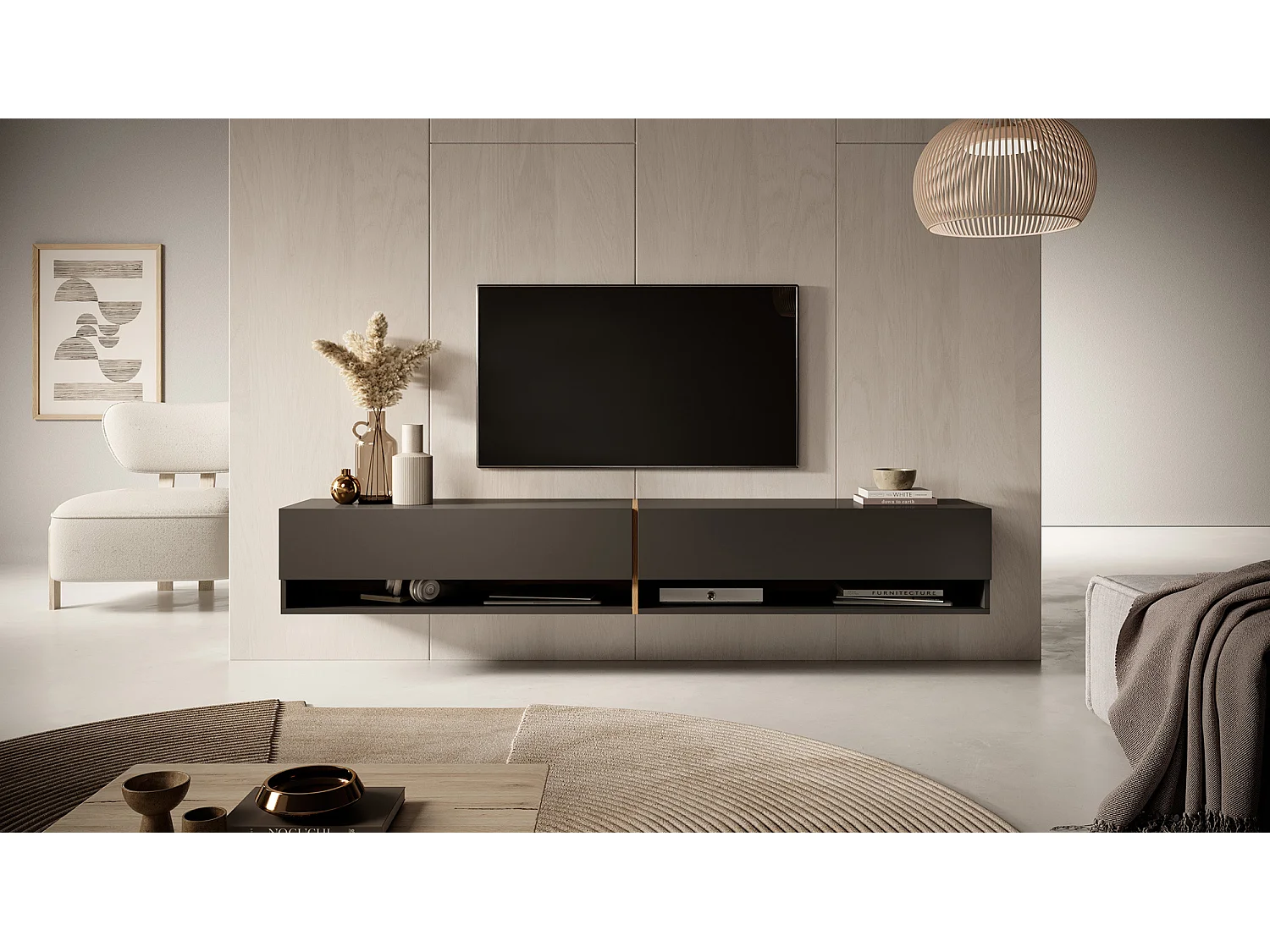 Mobile TV - 200 cm - colore: di grigio grafite + striscia di colore: rovere artisan - Mirrgo