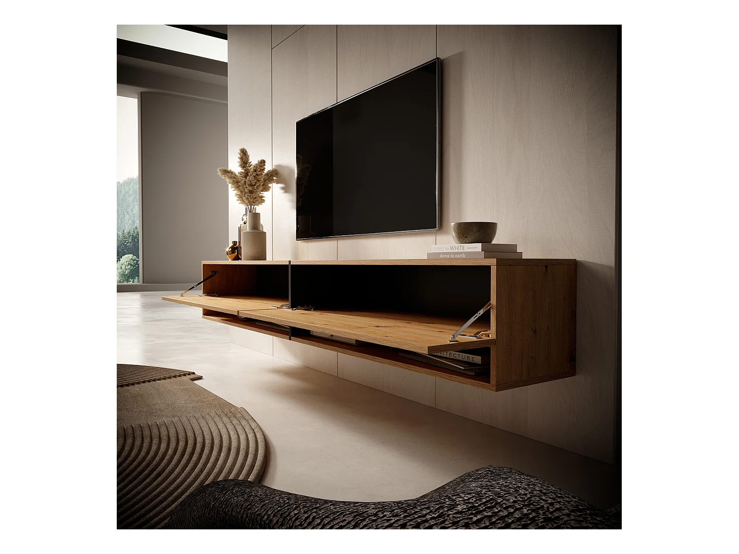 Mueble TV / Mueble de salón - roble artesanal con inserciones de grafito - 200 cm - Mirrgo