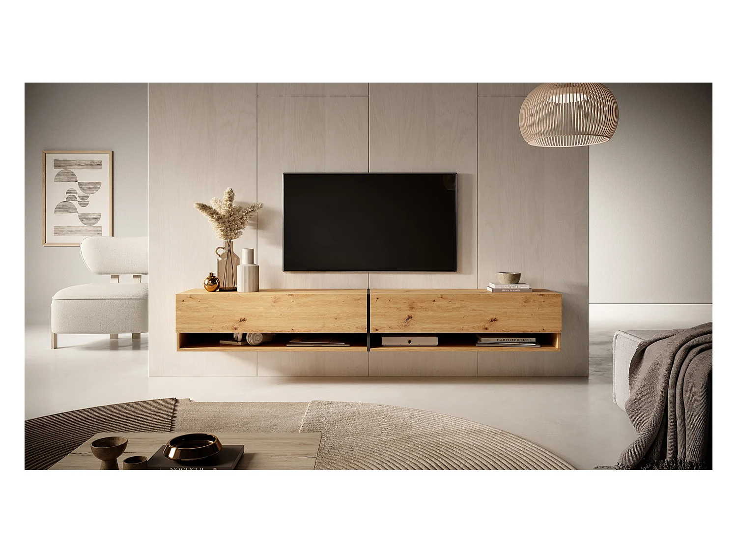Meuble tv 200 cm -chêne artisan avec insert graphite - MIRRGO