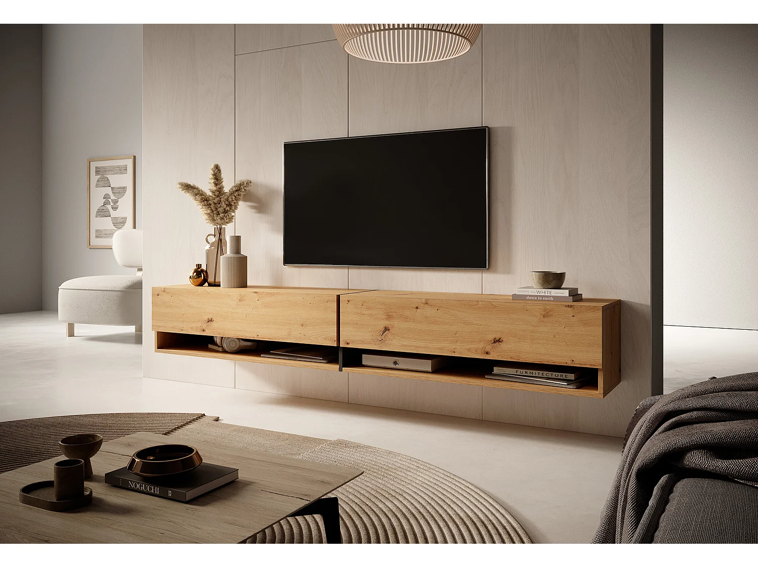 Meuble tv 200 cm -chêne artisan avec insert graphite - MIRRGO