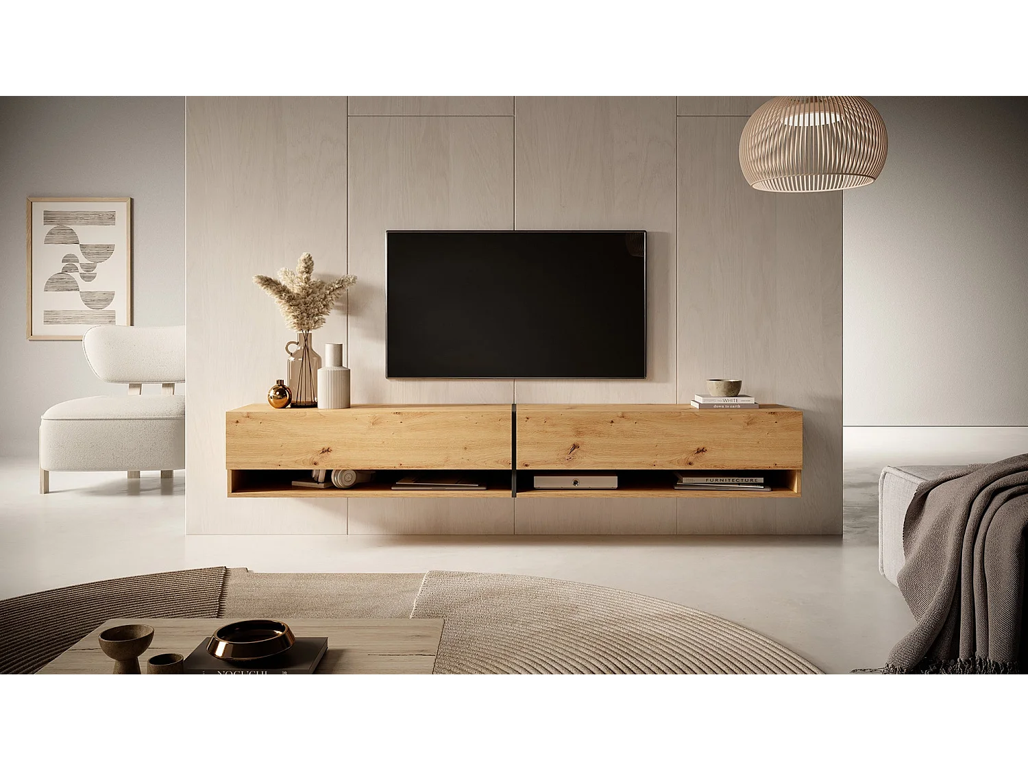 Meuble tv 200 cm -chêne artisan avec insert graphite - MIRRGO